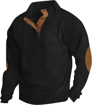GOFULY Mens Sweatshirts Corduroy Henley Pullover Fashion Stand Collar Butto Down Sweaters Mock Neck Shirts With Elbow Patches