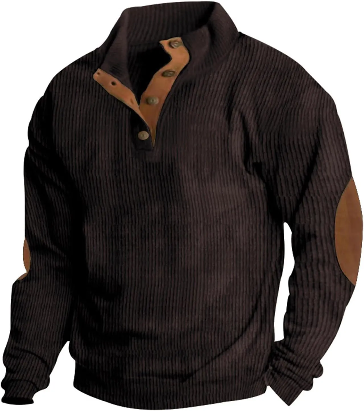 GOFULY Mens Sweatshirts Corduroy Henley Pullover Fashion Stand Collar Butto Down Sweaters Mock Neck Shirts With Elbow Patches