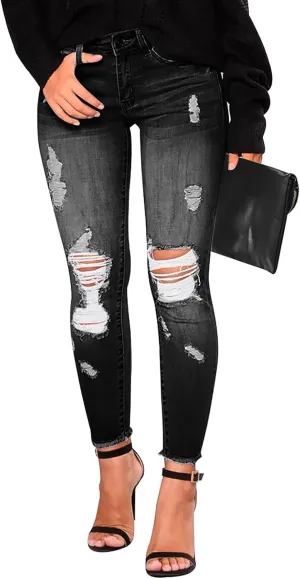 Gumipy Ripped Jeans Womens High Waisted Stretchy Skinny Jeans Trendy Tummy Control Jeggings Butt Lifting Distressed Jeans