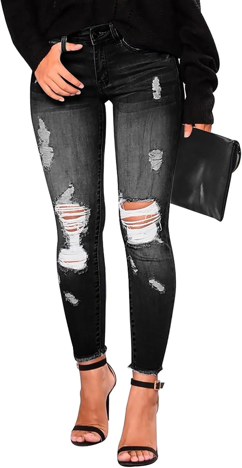 Gumipy Ripped Jeans Womens High Waisted Stretchy Skinny Jeans Trendy Tummy Control Jeggings Butt Lifting Distressed Jeans