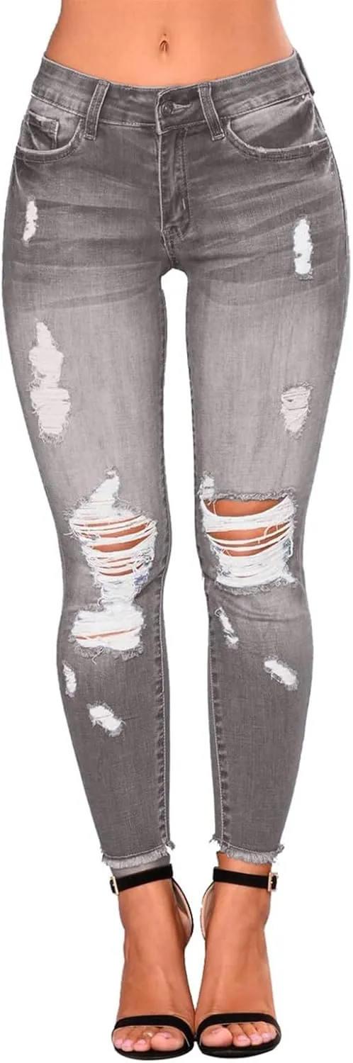 Gumipy Ripped Jeans Womens High Waisted Stretchy Skinny Jeans Trendy Tummy Control Jeggings Butt Lifting Distressed Jeans