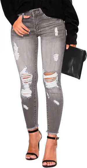 Gumipy Womens Skinny Jeans High Waisted Stretchy Ripped Jeans Trendy Tummy Control Jeggings Butt Lifting Distressed Jeans