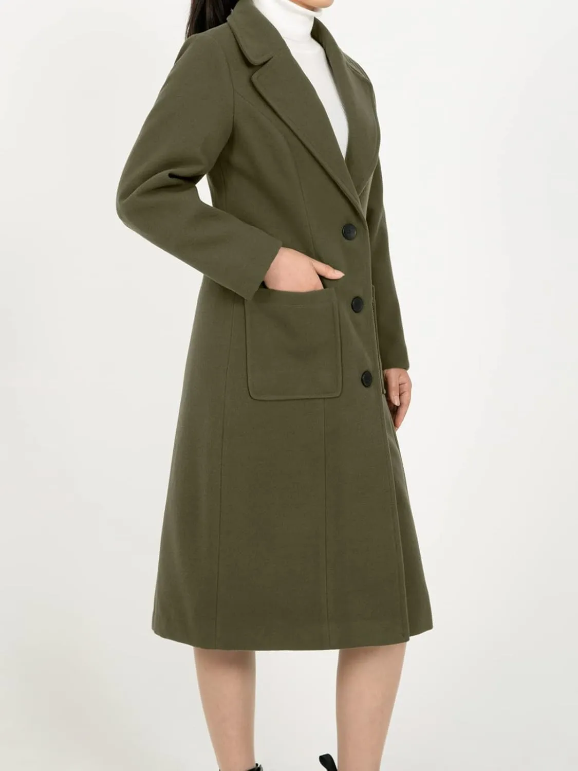 Hacikis Womens Wool Blend Single Breasted Notched Collar Winter Pea Trench Coat with Pockets