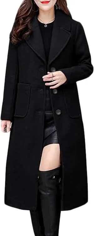 Hacikis Womens Wool Blend Single Breasted Notched Collar Winter Pea Trench Coat with Pockets