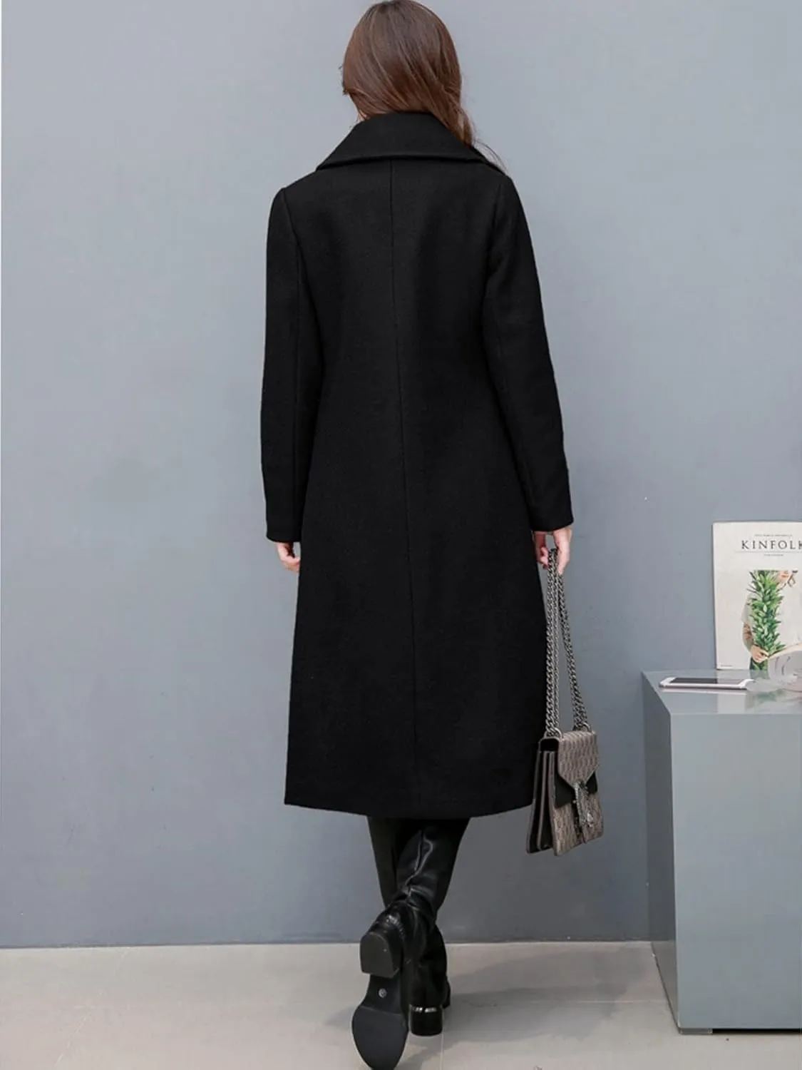 Hacikis Womens Wool Blend Single Breasted Notched Collar Winter Pea Trench Coat with Pockets