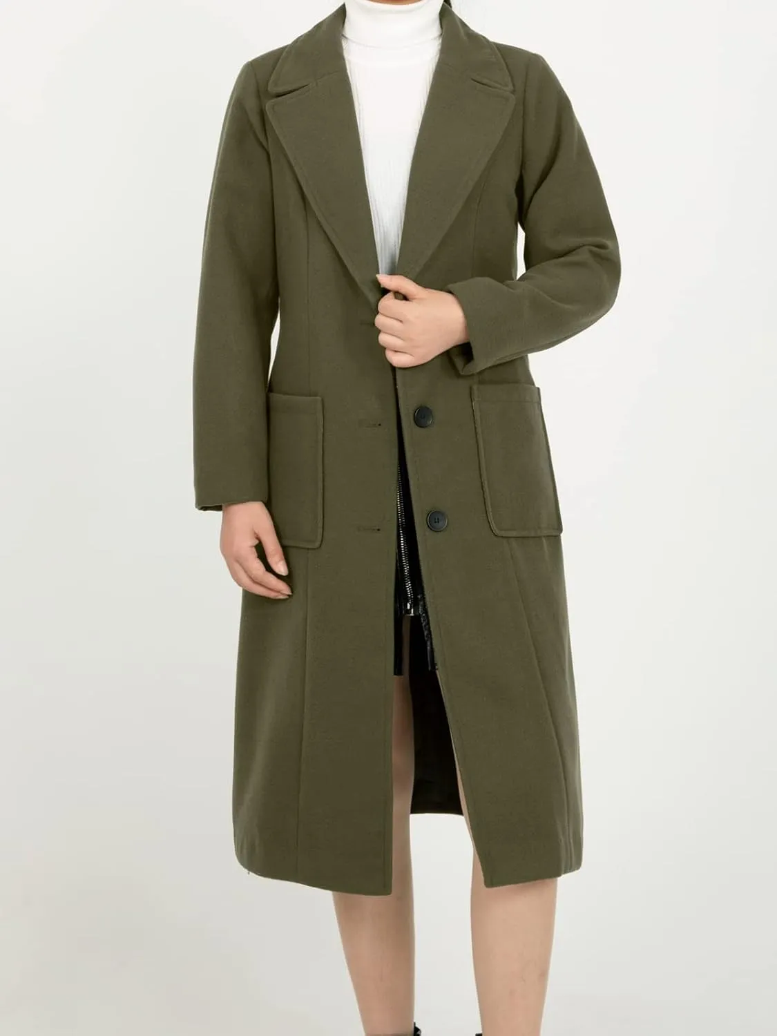 Hacikis Womens Wool Blend Single Breasted Notched Collar Winter Pea Trench Coat with Pockets