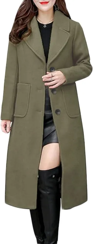 Hacikis Womens Wool Blend Single Breasted Notched Collar Winter Pea Trench Coat with Pockets