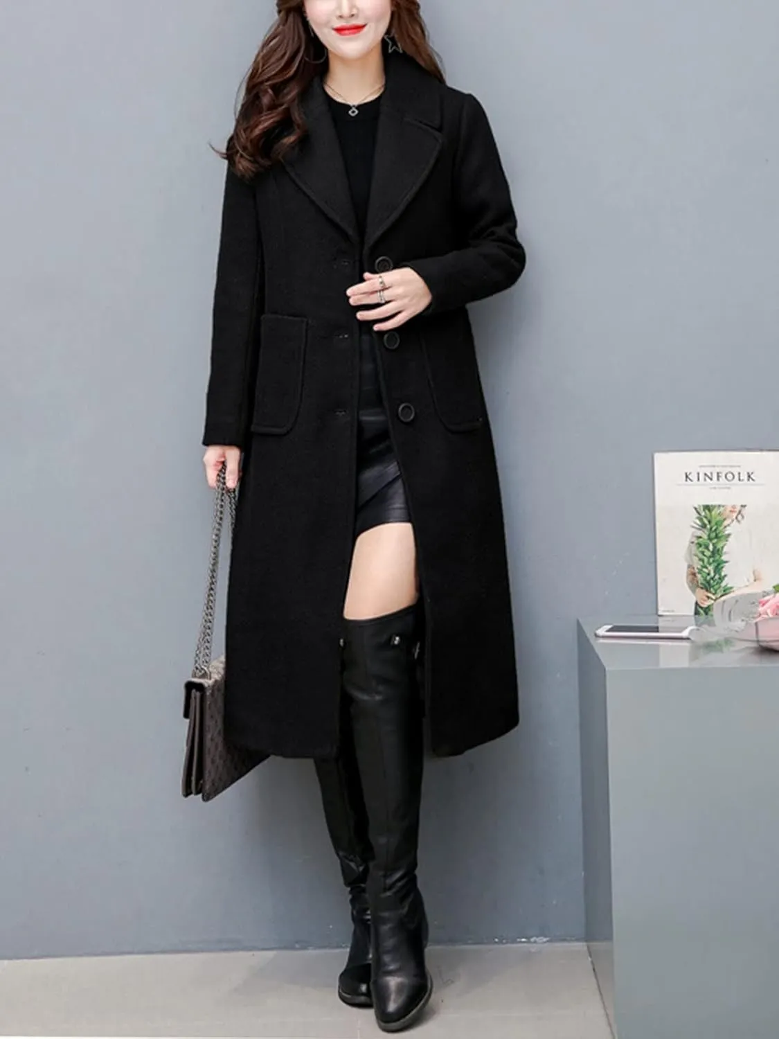 Hacikis Womens Wool Blend Single Breasted Notched Collar Winter Pea Trench Coat with Pockets