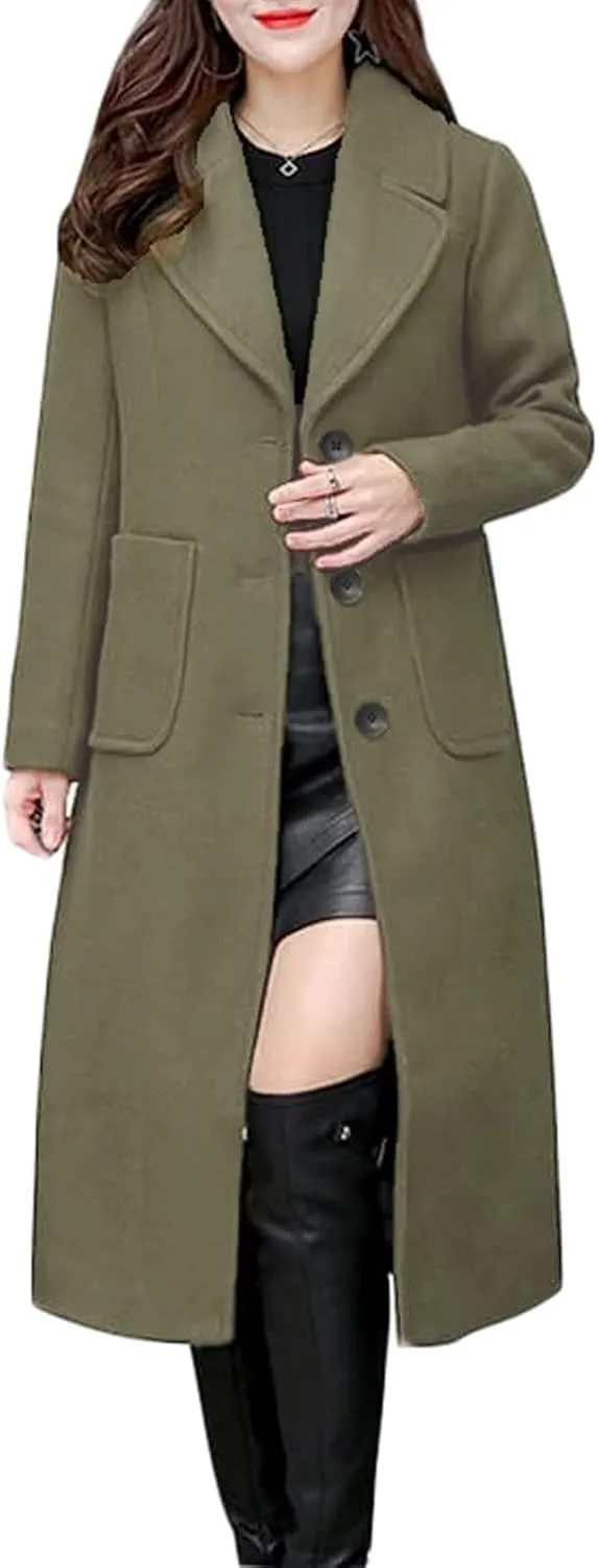 Hacikis Womens Wool Blend Single Breasted Notched Collar Winter Pea Trench Coat with Pockets