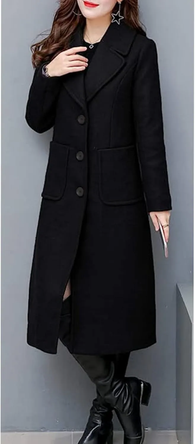 Hacikis Womens Wool Blend Single Breasted Notched Collar Winter Pea Trench Coat with Pockets