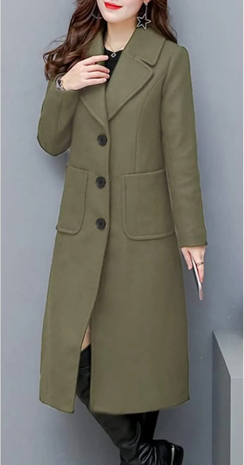 Hacikis Womens Wool Blend Single Breasted Notched Collar Winter Pea Trench Coat with Pockets