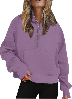 Half Zip Hooded Sweatshirts Cropped Hoodies Fleece Jackets for Womens Fall Outfits Long Sleeve Thermal Pullover Tops