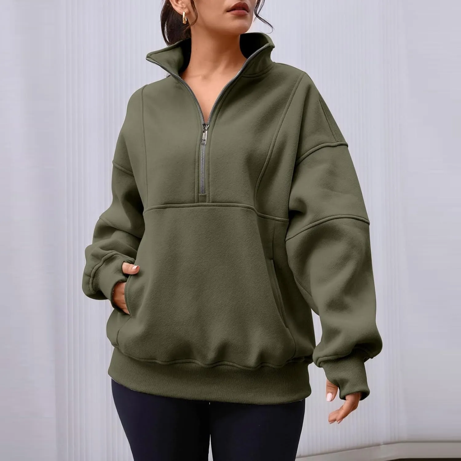 Half Zip Pullover Women Cropped Fleece Oversized Sweatshirt Long Sleeve Thumb Hole Quarter Zipper Hoodies with Pockets
