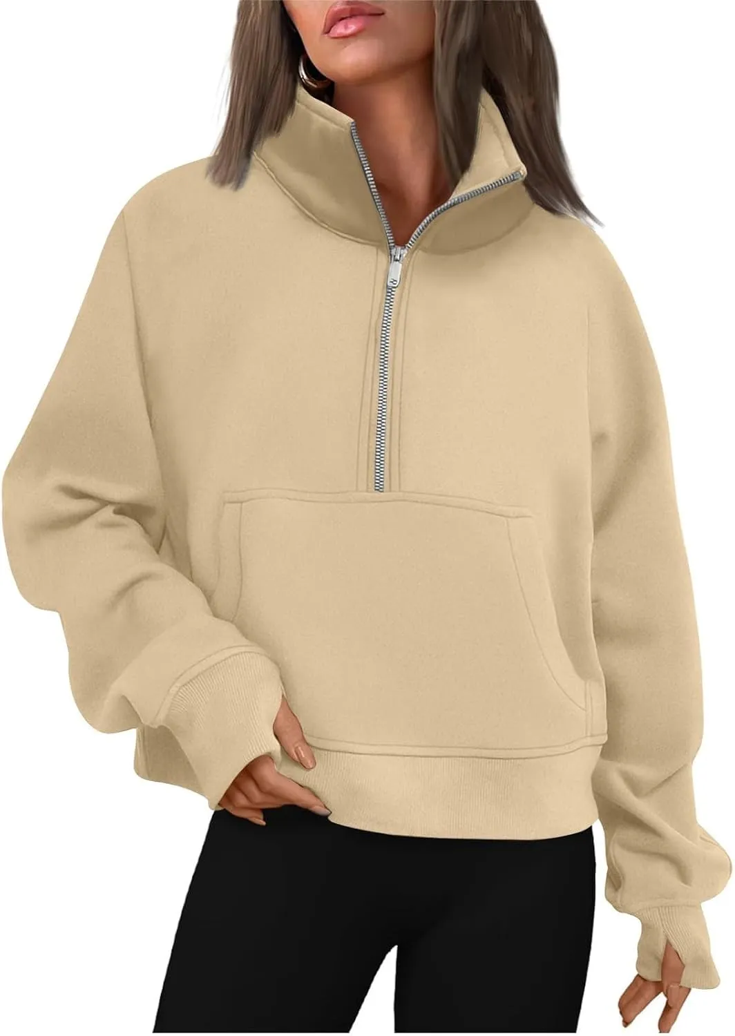 Half Zip Pullover Women Fleece Long Sleeve Cropped Sweatshirts with Thumb Holes Comfy Stand Collar Oversized Sweaters