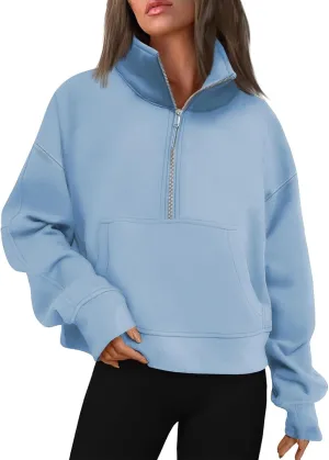 Half Zip Pullover Women Fleece Long Sleeve Cropped Sweatshirts with Thumb Holes Comfy Stand Collar Oversized Sweaters