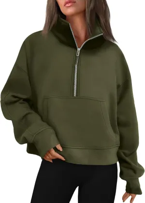 Half Zip Pullover Women Fleece Long Sleeve Cropped Sweatshirts with Thumb Holes Comfy Stand Collar Oversized Sweaters