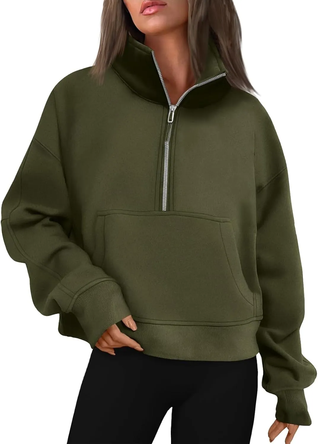 Half Zip Pullover Women Fleece Long Sleeve Cropped Sweatshirts with Thumb Holes Comfy Stand Collar Oversized Sweaters