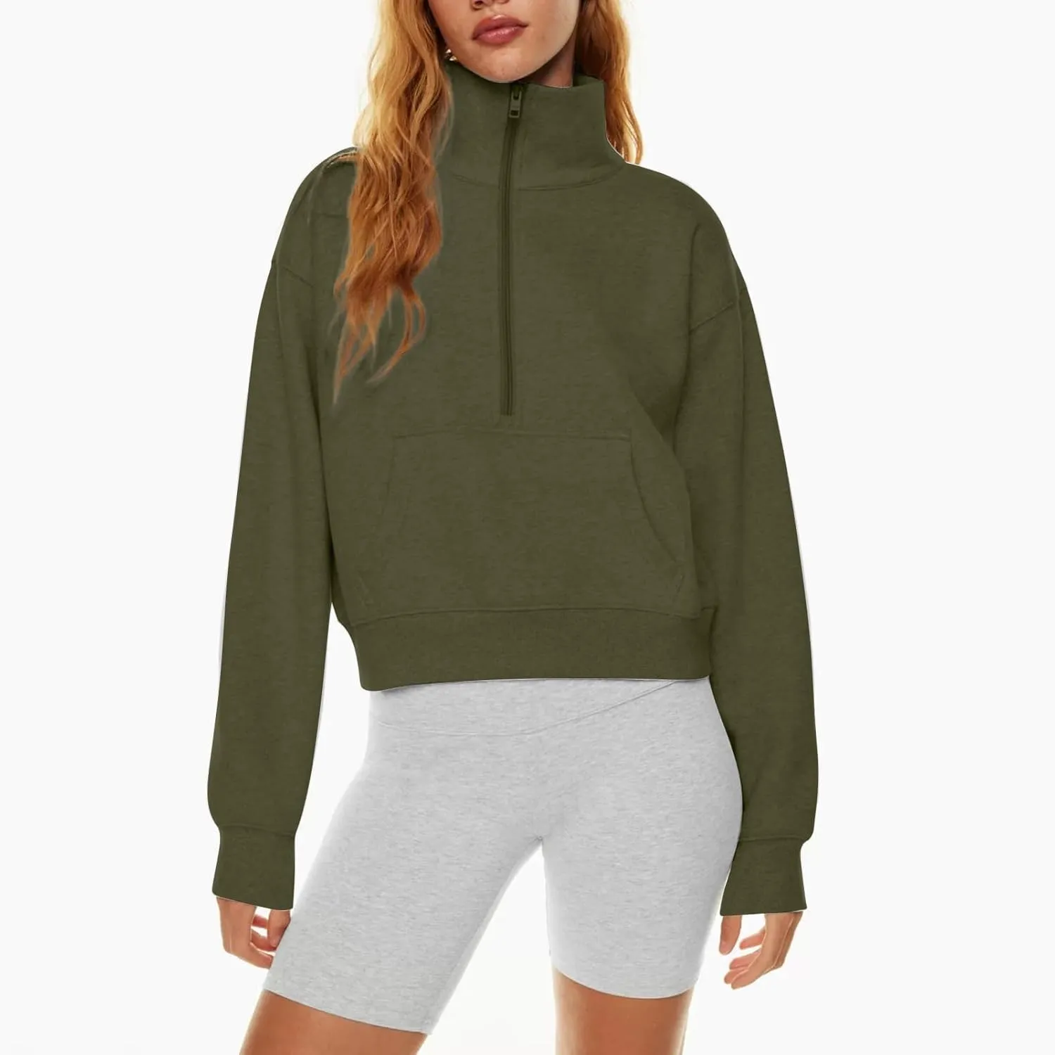 Half Zip Pullover Women Fleece Long Sleeve Cropped Sweatshirts with Thumb Holes Comfy Stand Collar Oversized Sweaters