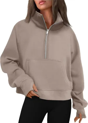 Half Zip Pullover Women Fleece Long Sleeve Cropped Sweatshirts with Thumb Holes Comfy Stand Collar Oversized Sweaters