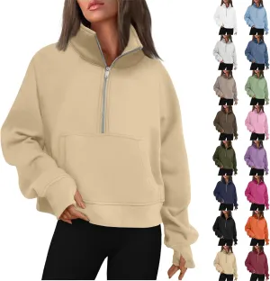 Half Zip Pullover Women Fleece Long Sleeve Cropped Sweatshirts with Thumb Holes Comfy Stand Collar Oversized Sweaters