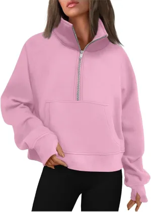 Half Zip Pullover Women Fleece Long Sleeve Cropped Sweatshirts with Thumb Holes Comfy Stand Collar Oversized Sweaters