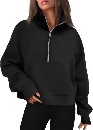 Half Zip Pullover Women Fleece Long Sleeve Cropped Sweatshirts with Thumb Holes Comfy Stand Collar Oversized Sweaters