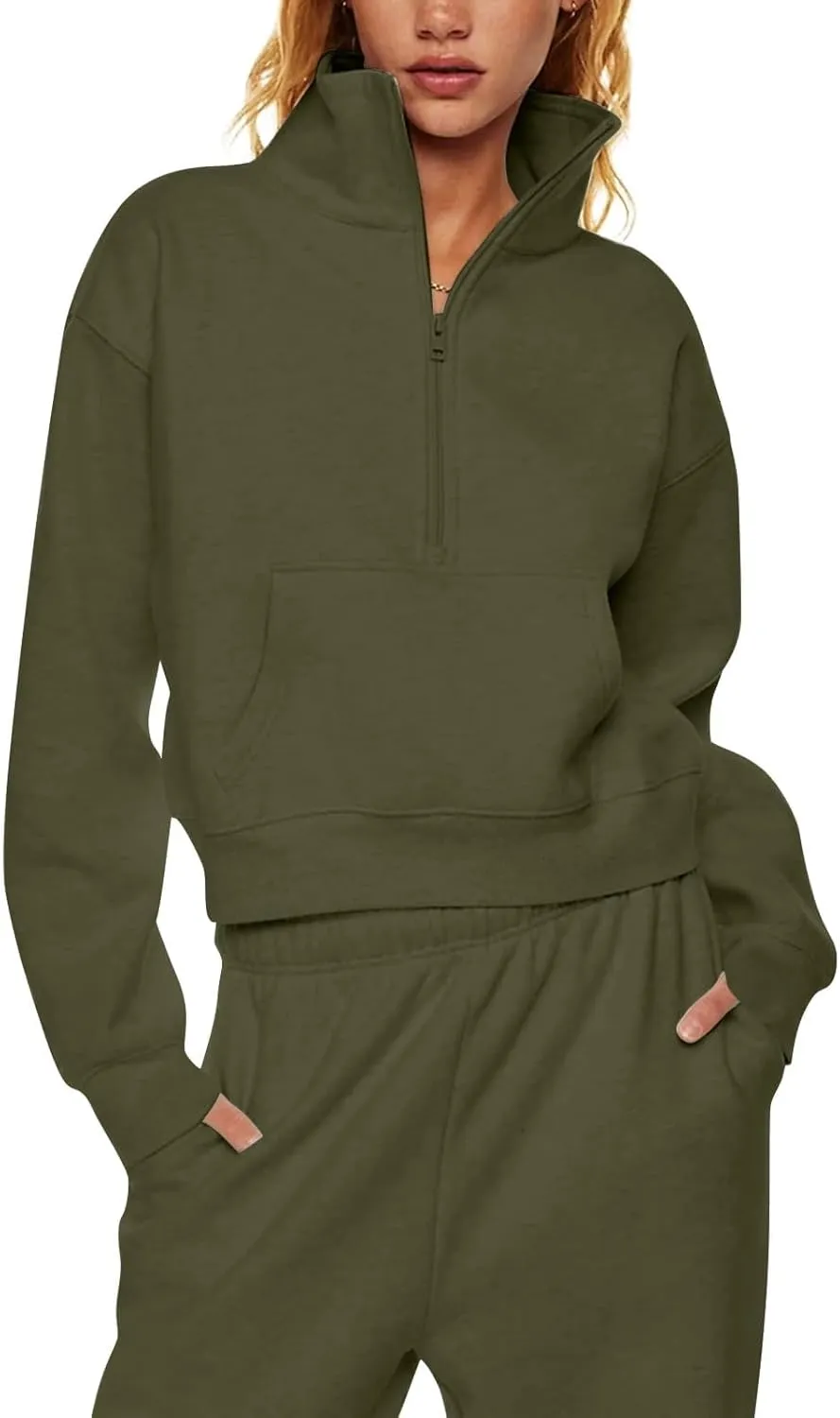 Half Zip Pullover Women Fleece Long Sleeve Cropped Sweatshirts with Thumb Holes Comfy Stand Collar Oversized Sweaters