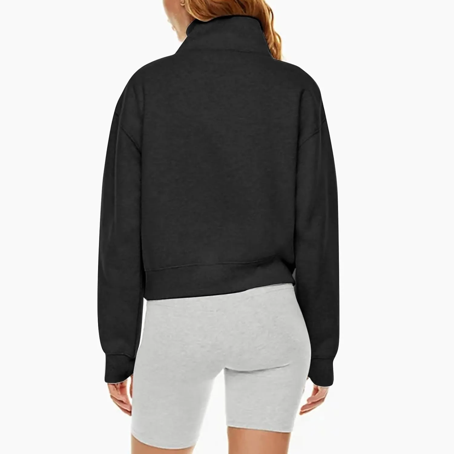 Half Zip Pullover Women Fleece Long Sleeve Cropped Sweatshirts with Thumb Holes Comfy Stand Collar Oversized Sweaters