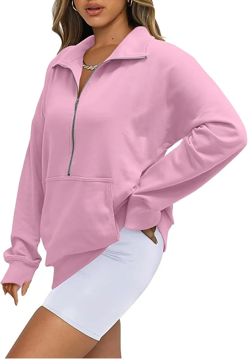 Half Zip Pullover Women Fleece Long Sleeve Cropped Sweatshirts with Thumb Holes Comfy Stand Collar Oversized Sweaters