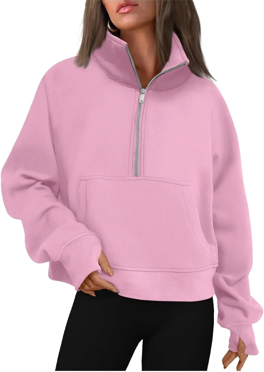 Half Zip Pullover Women Fleece Long Sleeve Cropped Sweatshirts with Thumb Holes Comfy Stand Collar Oversized Sweaters