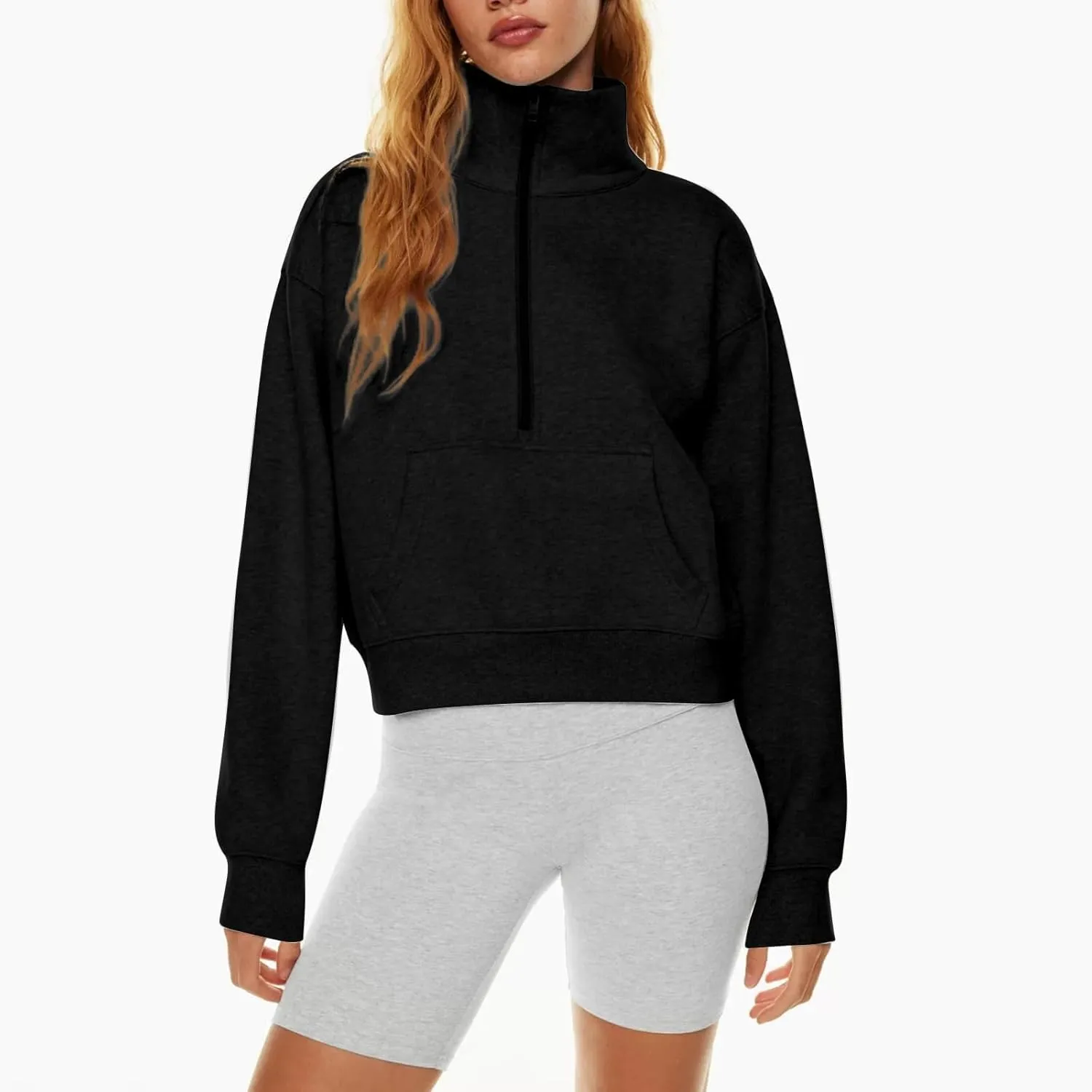 Half Zip Pullover Women Fleece Long Sleeve Cropped Sweatshirts with Thumb Holes Comfy Stand Collar Oversized Sweaters
