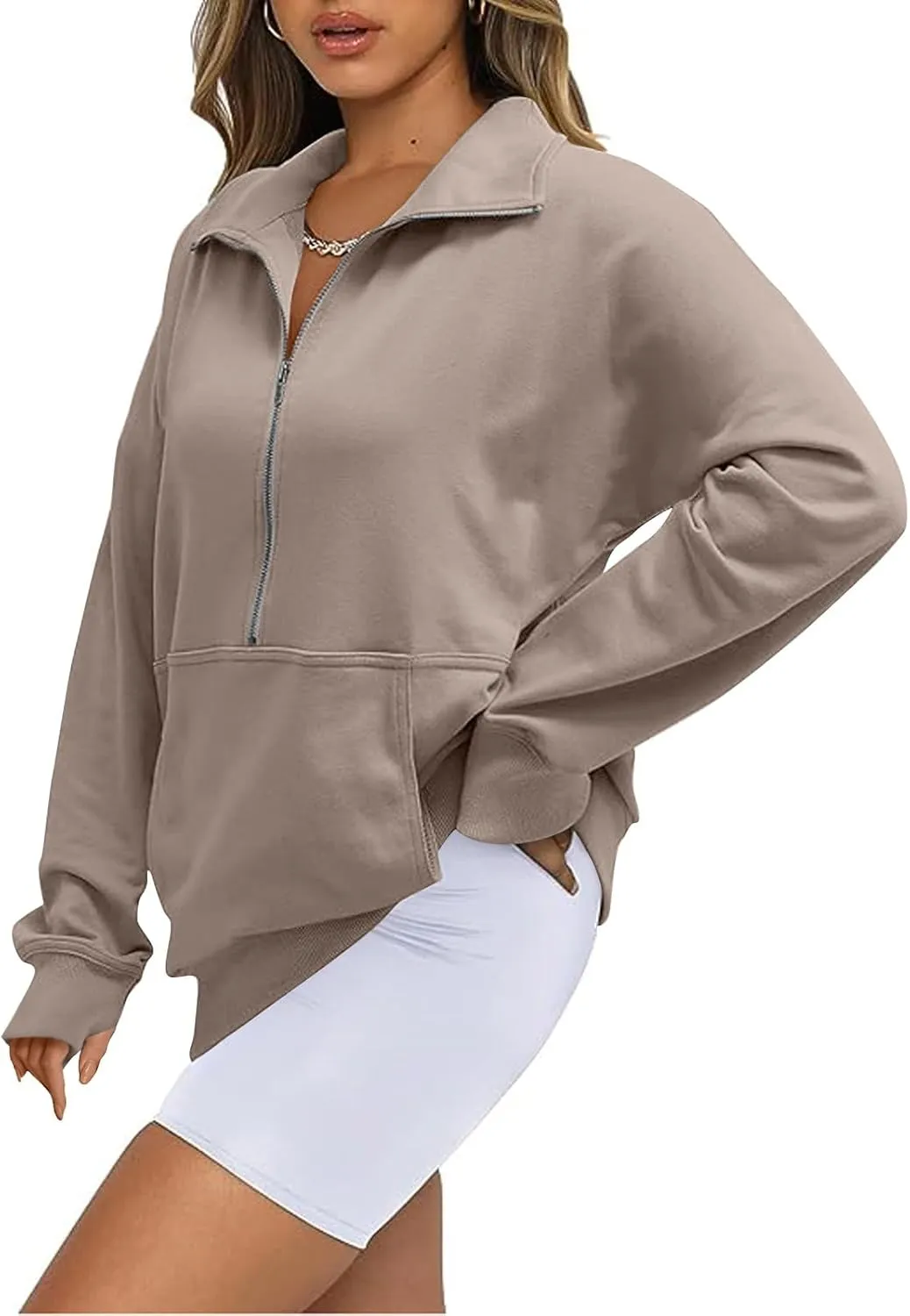 Half Zip Pullover Women Fleece Long Sleeve Cropped Sweatshirts with Thumb Holes Comfy Stand Collar Oversized Sweaters