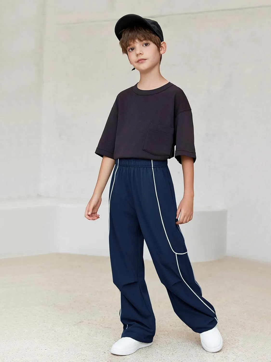 Haloumoning Boys Baggy Nylon Track Pants Kids Fashion Side Stripe Parachute Joggers Trousers with Pockets