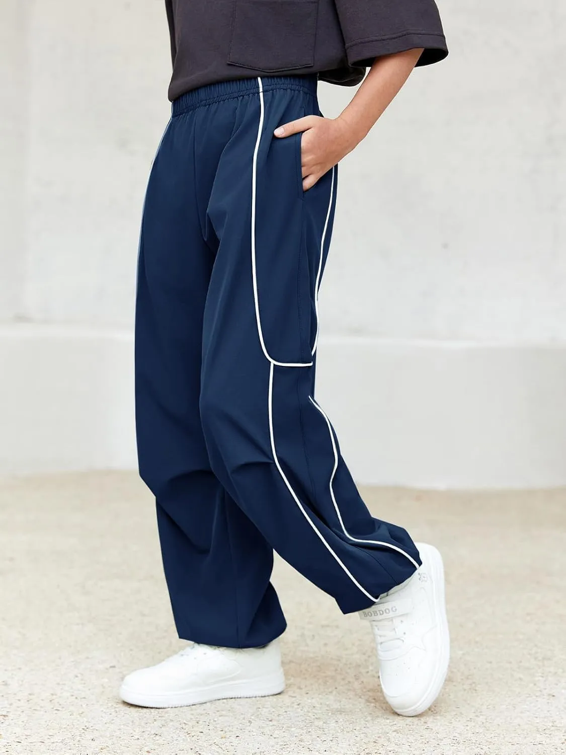 Haloumoning Boys Baggy Nylon Track Pants Kids Fashion Side Stripe Parachute Joggers Trousers with Pockets