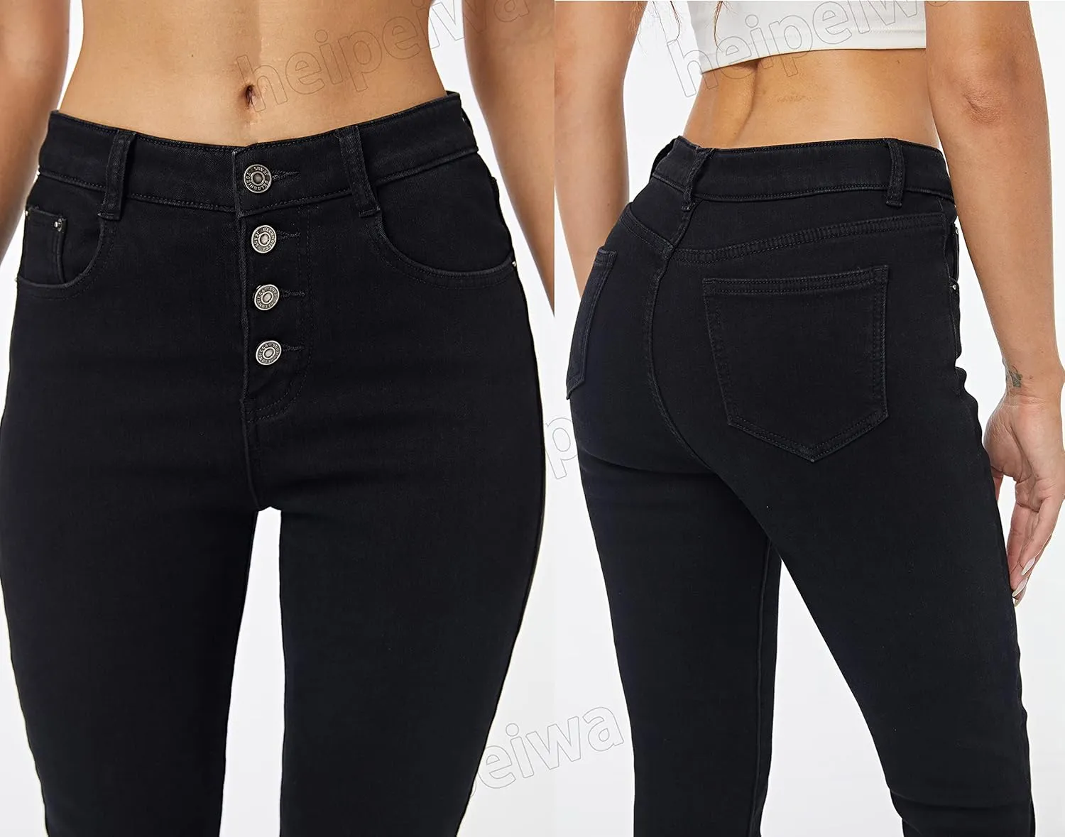 heipeiwa Fleece Lined Jeans Women's Winter Thermal Jeans Flannel Lined Skinny Denim Jeans 4 Buttons