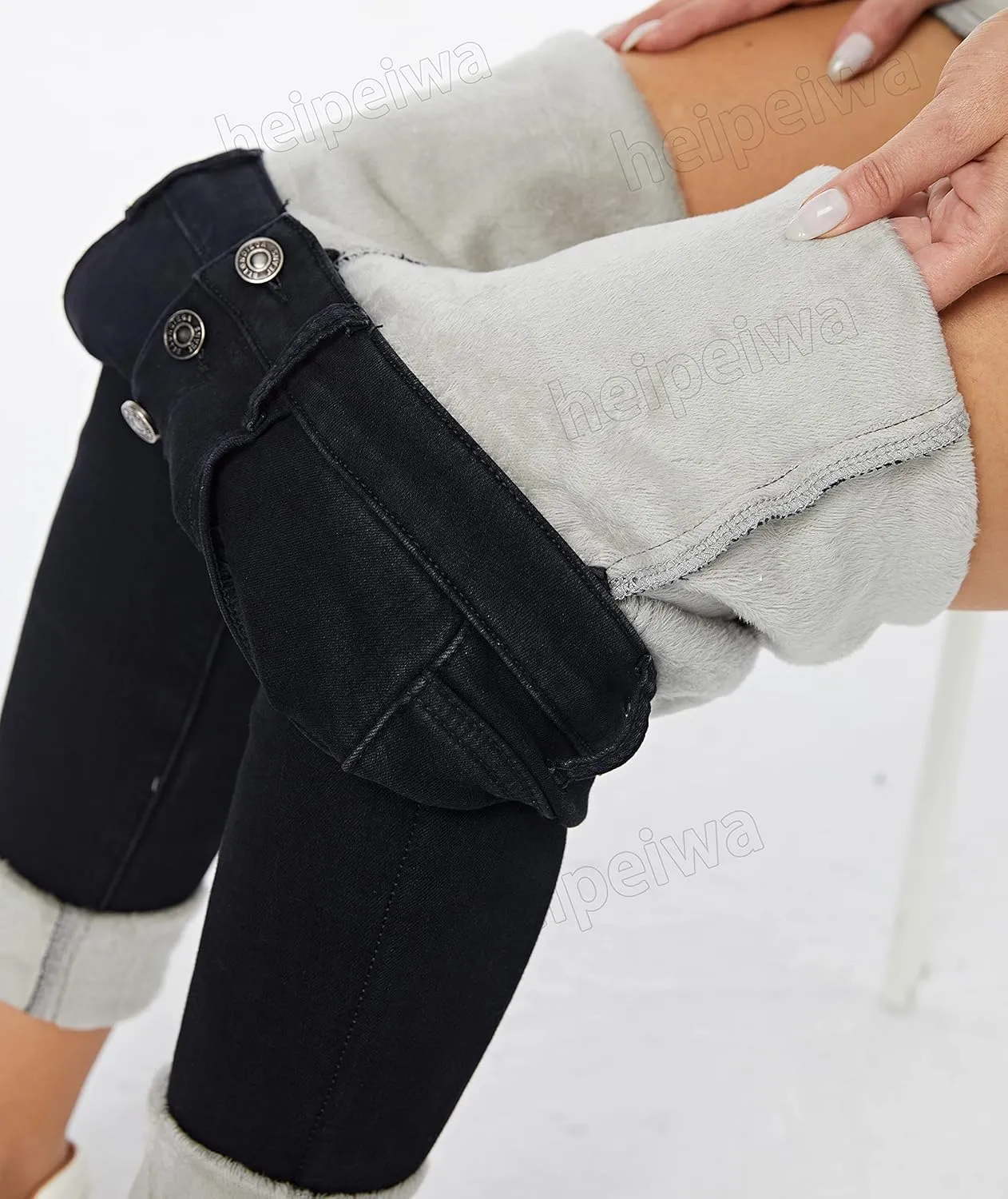 heipeiwa Fleece Lined Jeans Women's Winter Thermal Jeans Flannel Lined Skinny Denim Jeans 4 Buttons