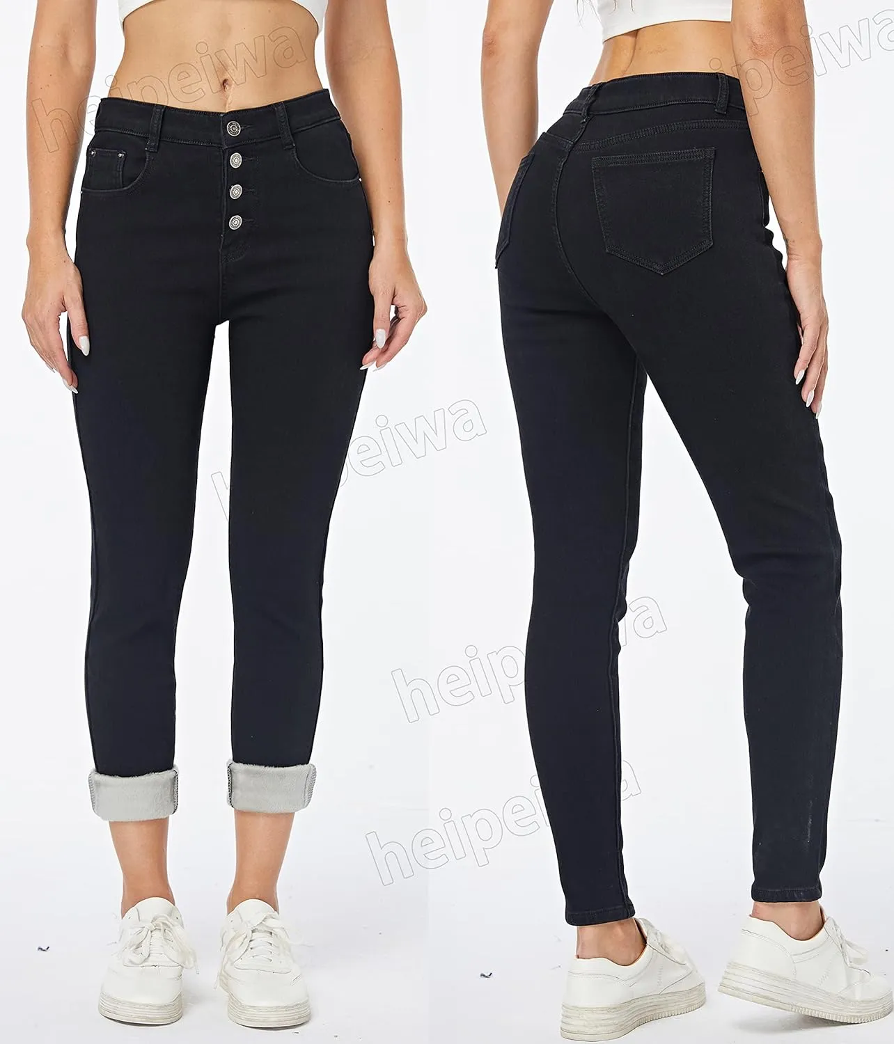 heipeiwa Fleece Lined Jeans Women's Winter Thermal Jeans Flannel Lined Skinny Denim Jeans 4 Buttons