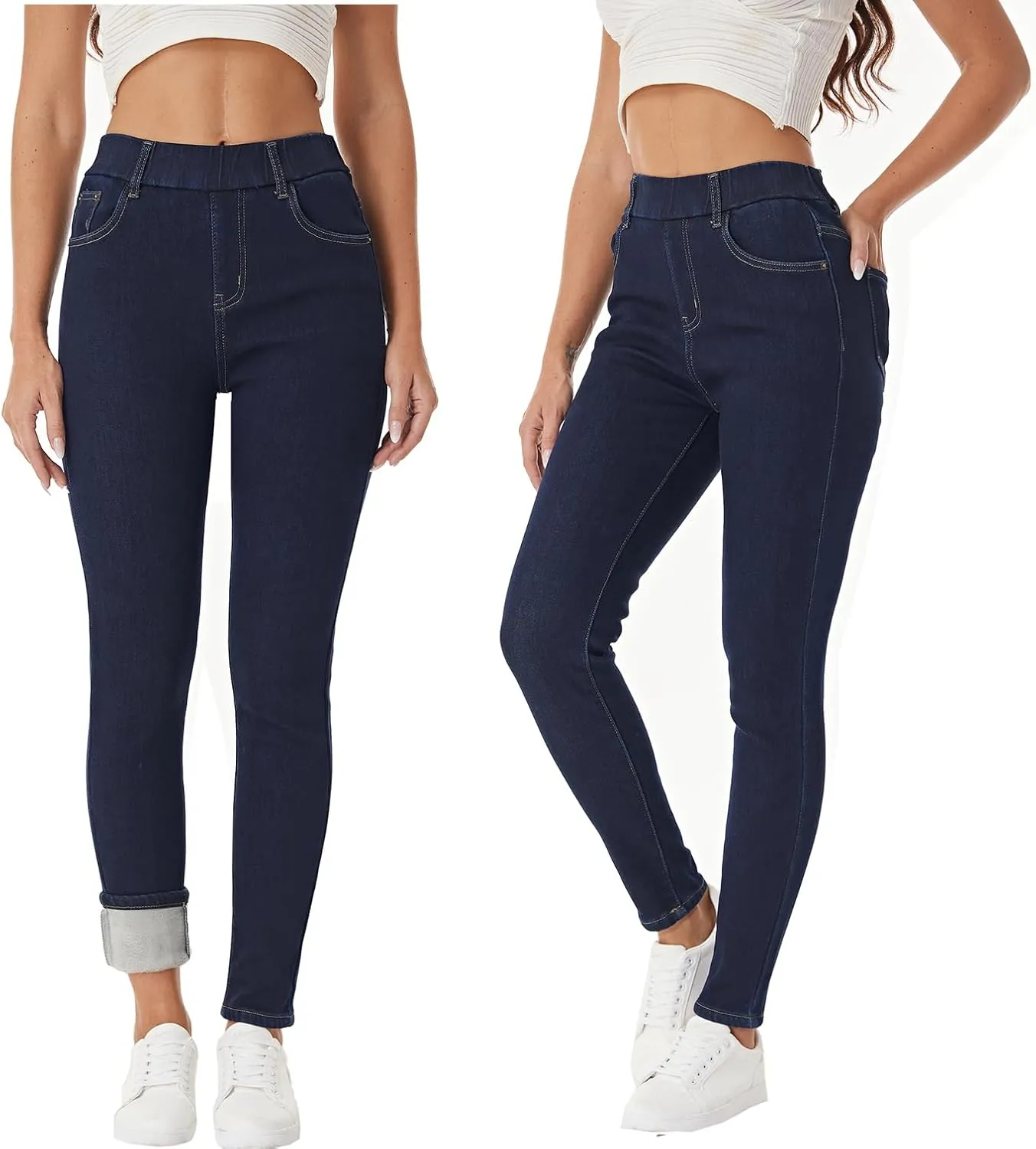 heipeiwa Women's Fleece Lined Winter Thermal Elastic Waist Jeans Stretch Warm Skinny Denim Pants