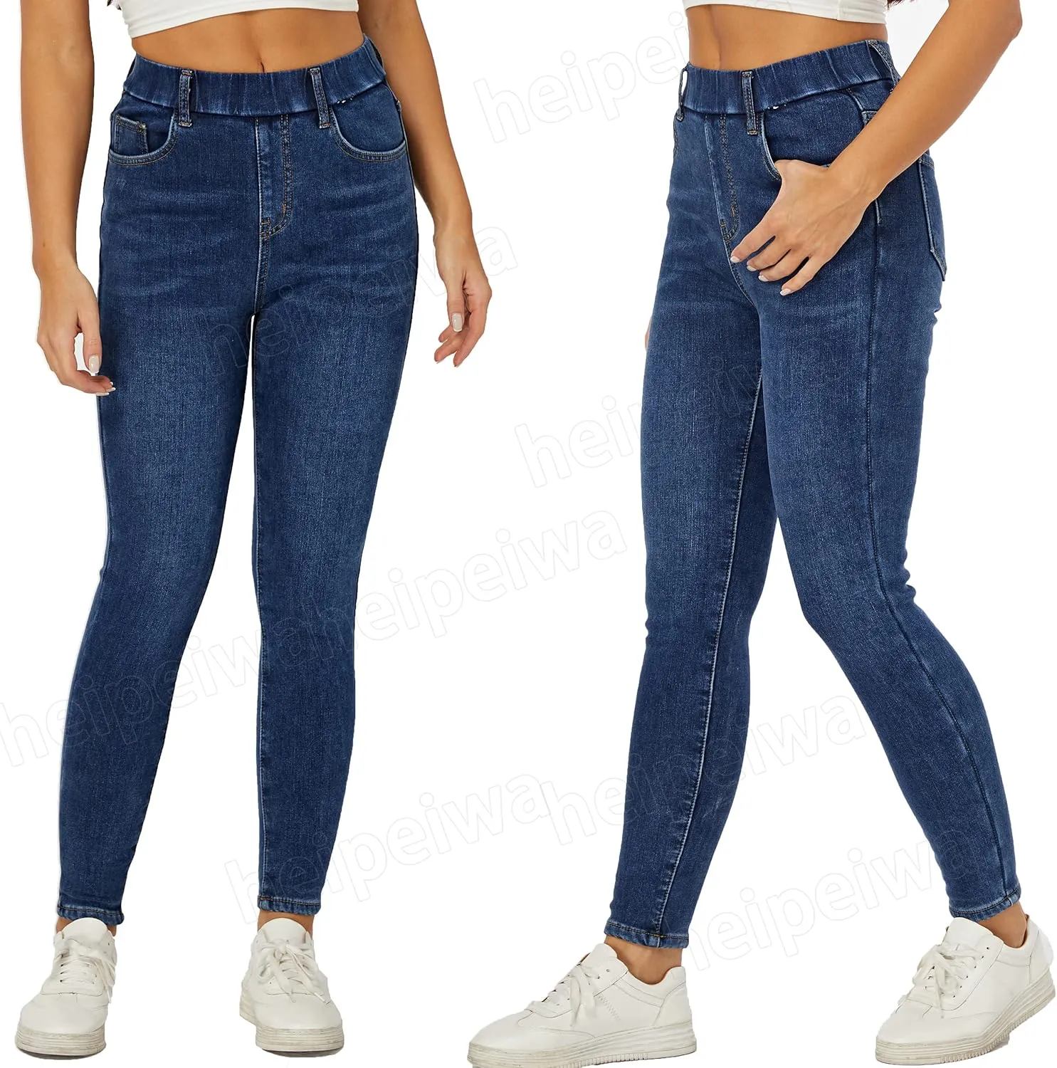 heipeiwa Women's Fleece Lined Winter Thermal Elastic Waist Jeans Stretch Warm Skinny Denim Pants