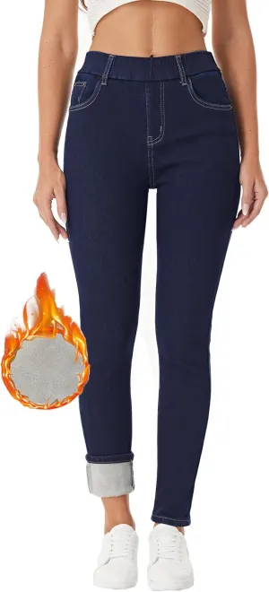 heipeiwa Women's Fleece Lined Winter Thermal Elastic Waist Jeans Stretch Warm Skinny Denim Pants