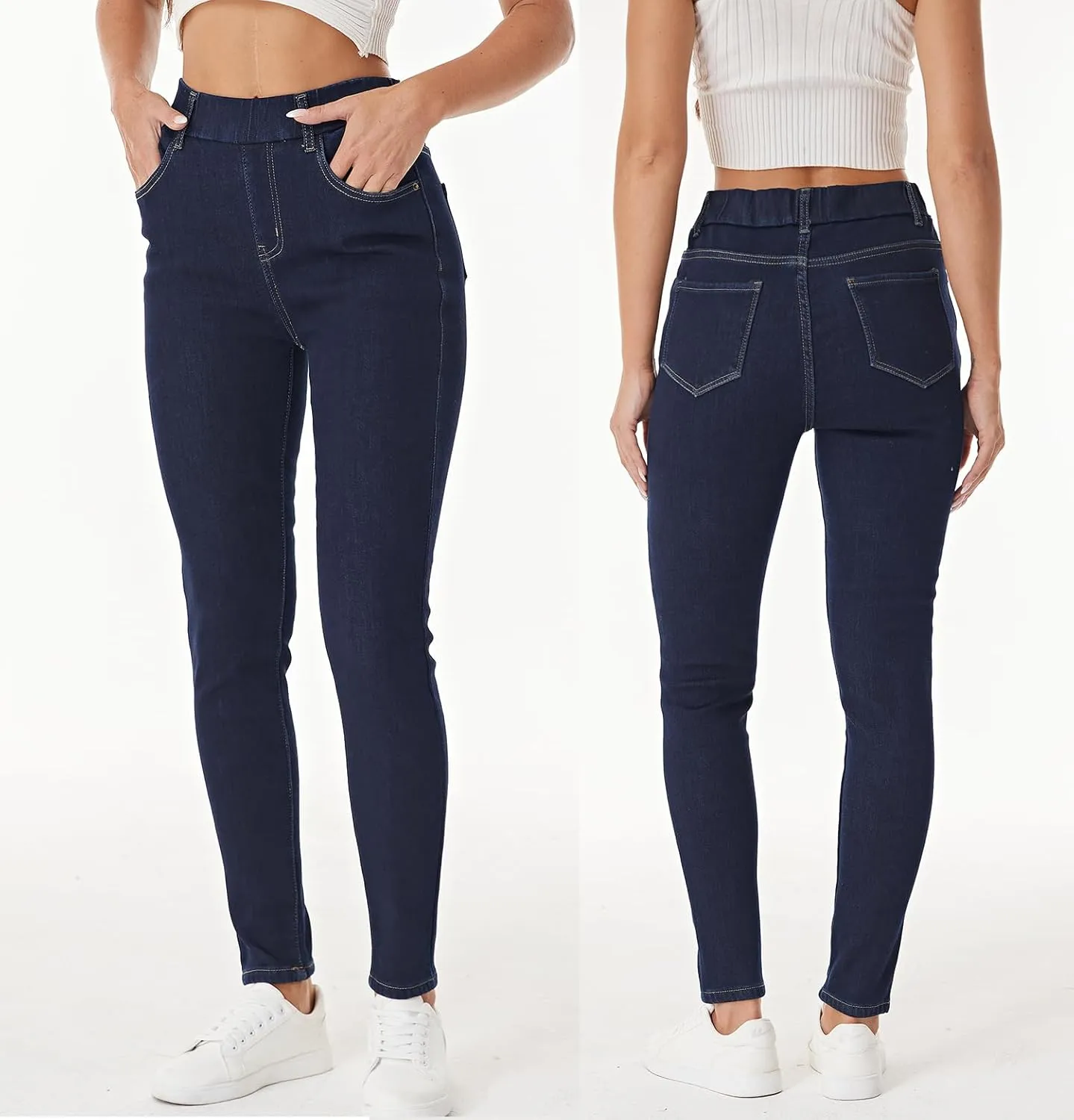 heipeiwa Women's Fleece Lined Winter Thermal Elastic Waist Jeans Stretch Warm Skinny Denim Pants