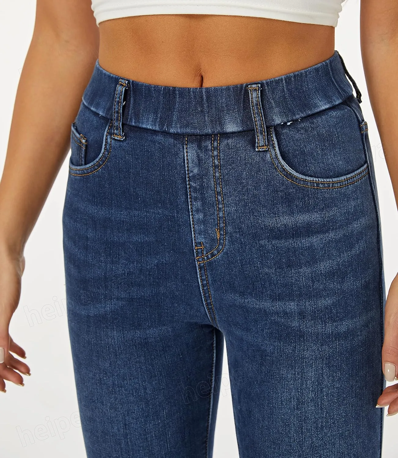 heipeiwa Women's Fleece Lined Winter Thermal Elastic Waist Jeans Stretch Warm Skinny Denim Pants