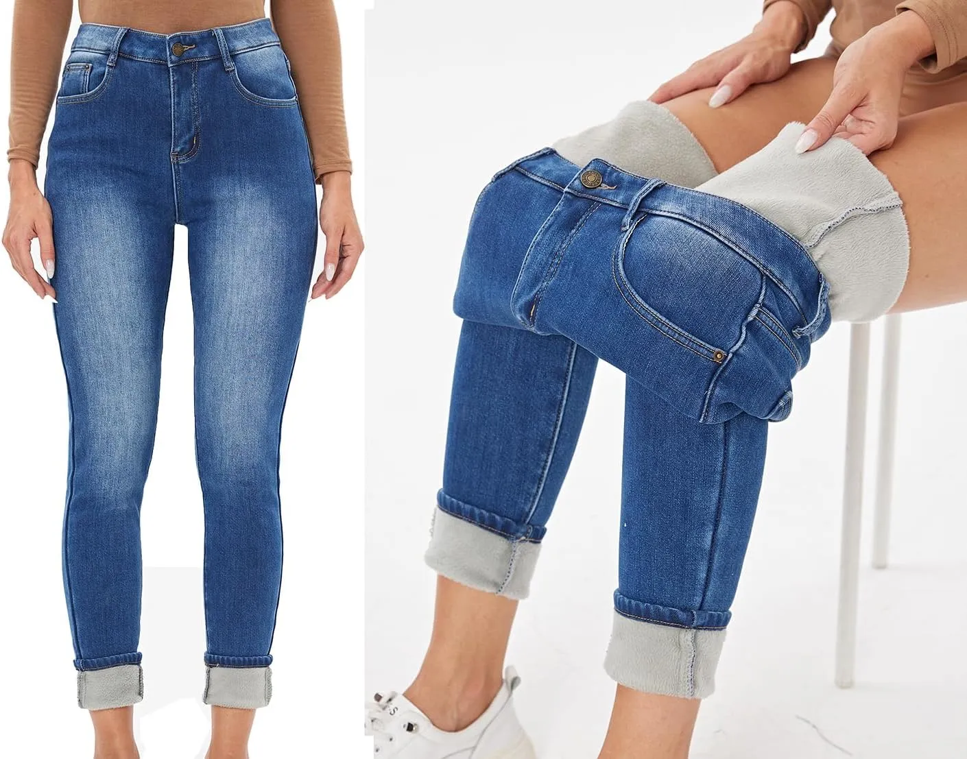 heipeiwa Women's Winter Jeans Fleece Lined Jeans Flannel Thermal Thick Skinny Denim Pants Stretch Warm Jeggings