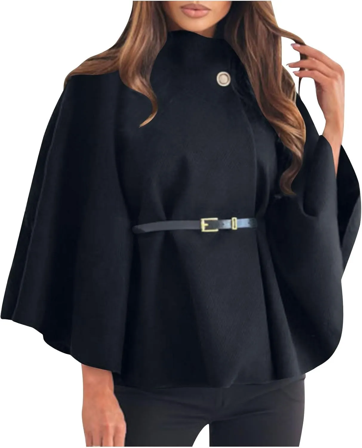 HGps8w Winter Coats for Women Elegant Stand Collar Wool Blend Batwing Poncho Cape Jacket Outerwear with Belt