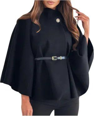 HGps8w Winter Coats for Women Elegant Stand Collar Wool Blend Batwing Poncho Cape Jacket Outerwear with Belt