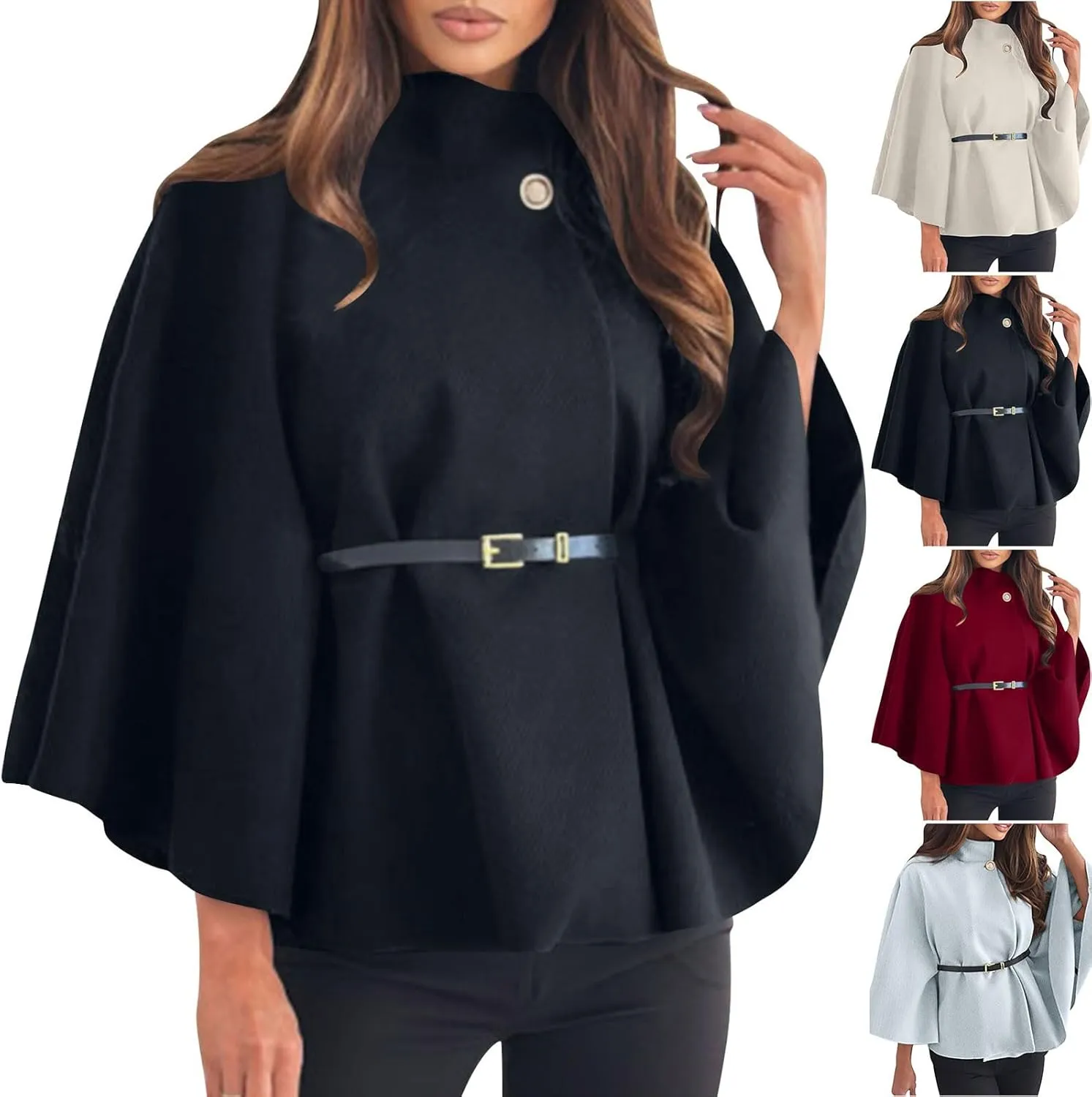 HGps8w Winter Coats for Women Elegant Stand Collar Wool Blend Batwing Poncho Cape Jacket Outerwear with Belt