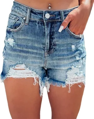 High Waist Denim Shorts Casual Ripped Summer Hot Short Jeans Frayed Distressed Jeans Shorts with Pockets