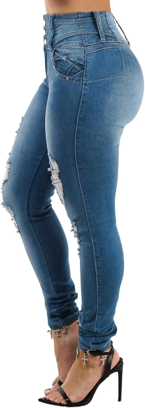 High Waisted Butt Lifting Skinny Jeans - Distressed Levanta Cola Stretchy Jeans
