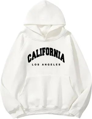 Hoodies for Women Pullover Losangeles Letter Print Hooded Sweatshirt with Pocket Long Sleeve Causal Fleece Tee Aesthetic Fall