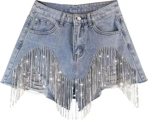 Jean Shorts Womens High Waisted Ripped Rhinestone Pearl Beaded Fringe Comfort Tassel Denim Shorts Raw Hem Frayed